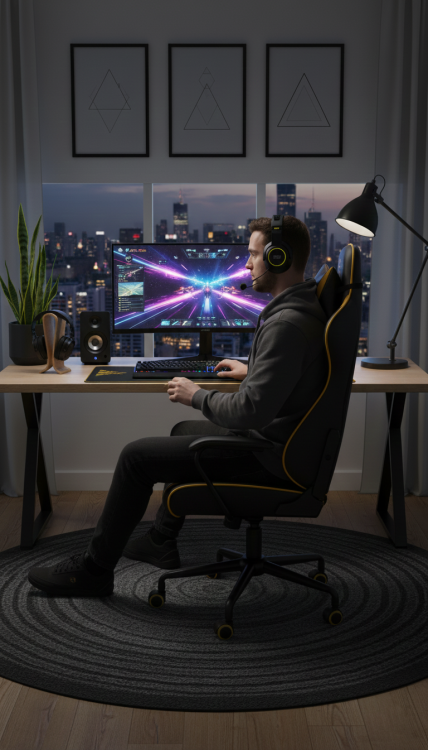 gracz-przy-biurku-fotel-gamingowy-szary-zolty