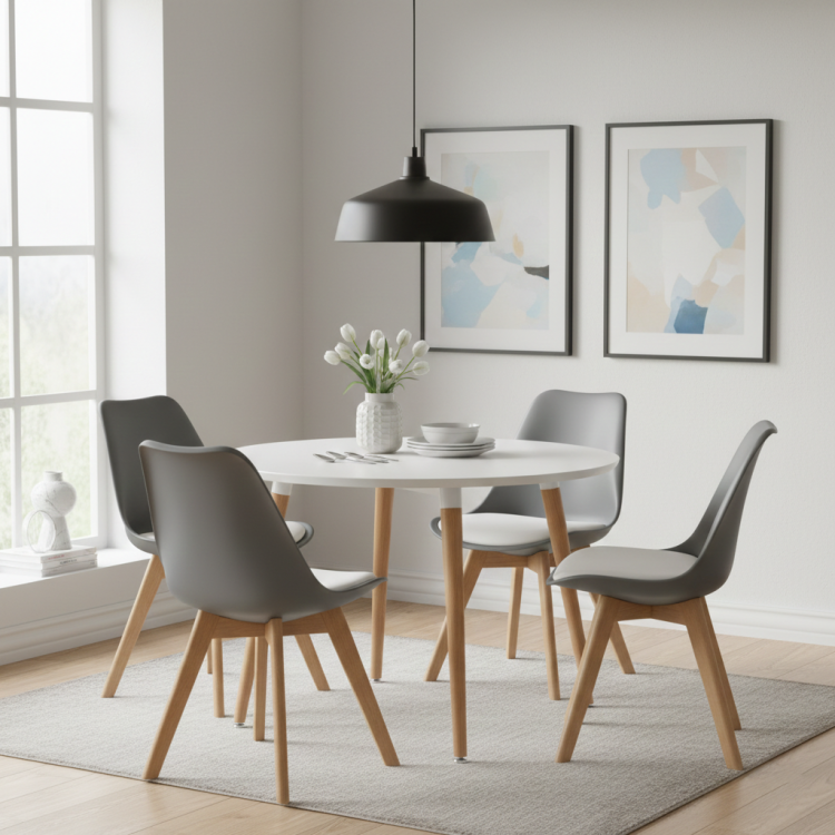 Biały okrągły stół skandynawski 80 cm na drewnianych bukowych nogach aranżacja z krzeslami .png