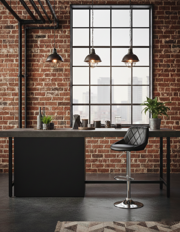 Krzesło Barowe Loftowe Hoker ORIO Kuchnia Wyspa Czarny Pikowany Metal loft aranżacja widok z boku.png
