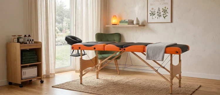 4-segmentowy stół do masażu w kolorze czarno-pomarańczowym ustawiony w jasnym salonie kosmetycznym.jpg